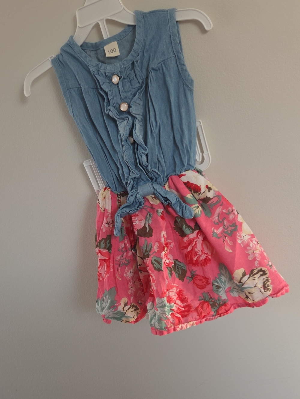 Girls Blue Chambray Top with Pink Floral Skirt Dress